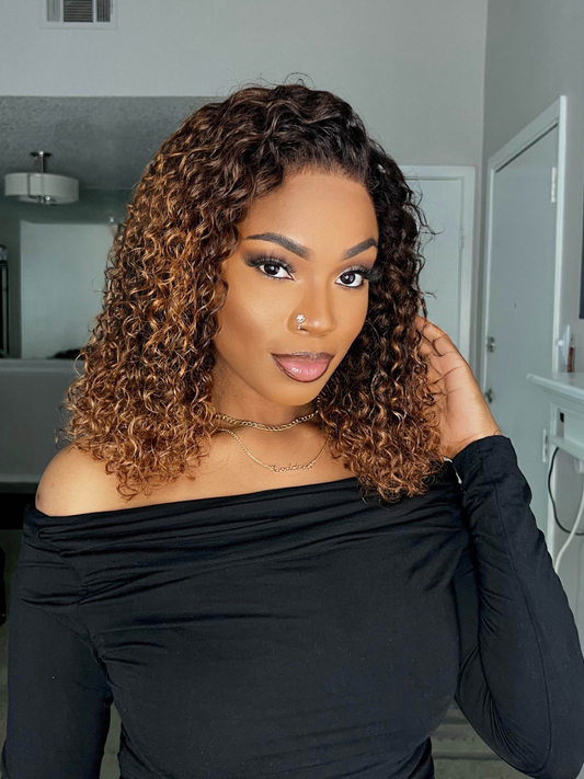 Shoulder Length Ombre Brown Curly Lace Front Wig - 001