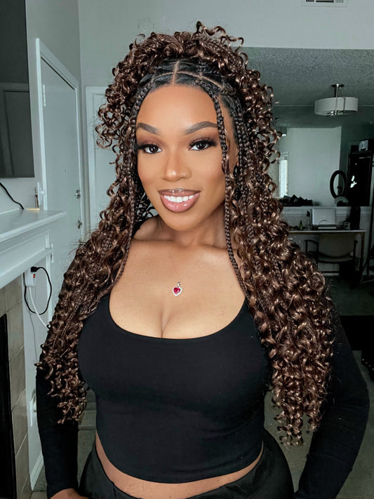 Full Lace Knotless Bohemian Braided Curls Ombre Brown Wig - 008