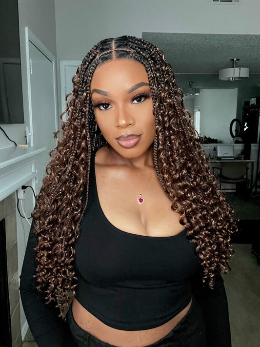 Full Lace Knotless Bohemian Braided Curls Ombre Brown Wig - 008