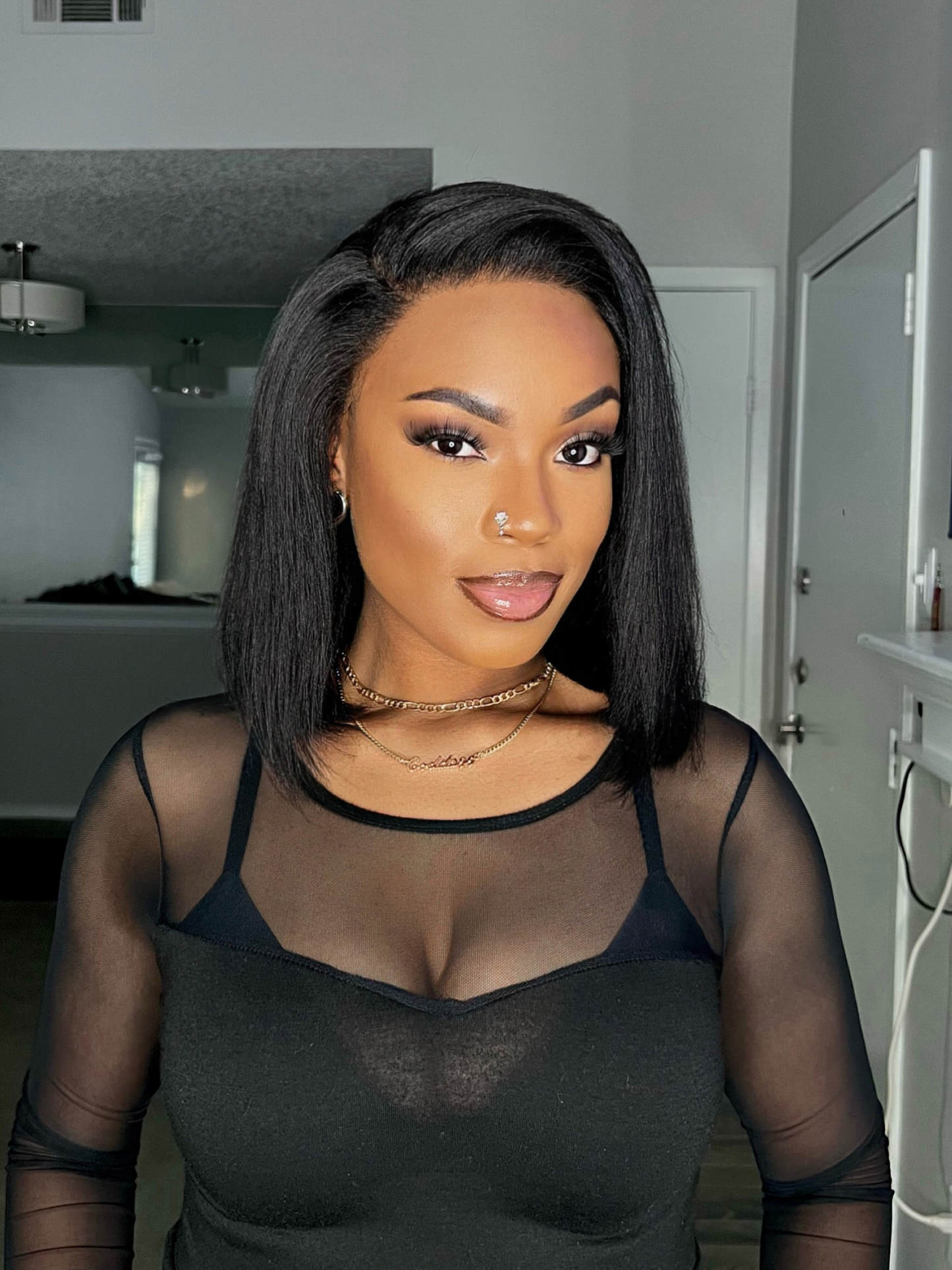 Glueless Natural Black Yaki Straight 13x4 Lace Frontal Bob Wig - 004