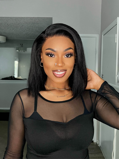 Glueless Natural Black Yaki Straight 13x4 Lace Frontal Bob Wig - 004