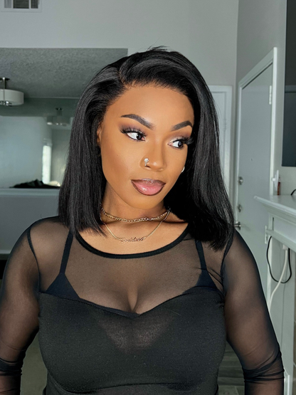 Glueless Natural Black Yaki Straight 13x4 Lace Frontal Bob Wig - 004